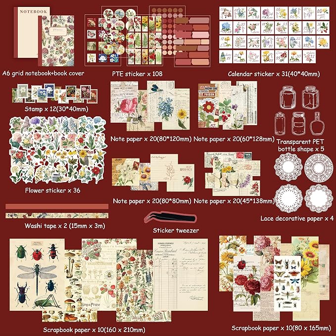 emmoolife Vintage Aesthetic Scrapbooking Supplies Kit, Flowers Botanical Bullet - Image 2